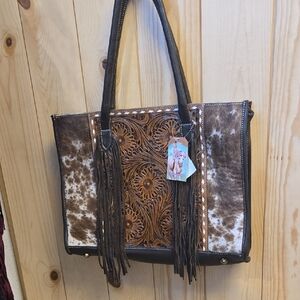 Brown and Tan Fringed Tote Bag